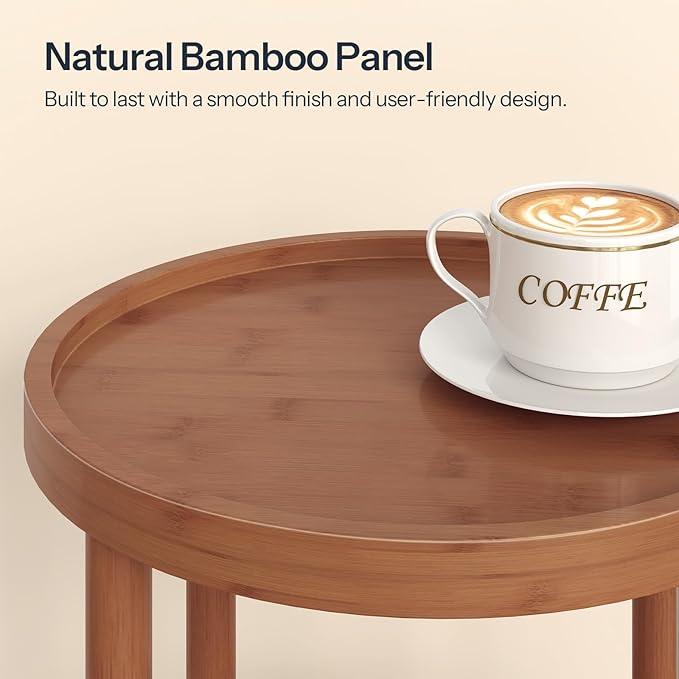 HOOBRO Set of 2 Small Round Side Tables with Charging Station, 3-Tier Round Bamboo End Tables, Easy Assembly, for Living Room, Bedroom, Apartment, Walnut WL152UBZP201