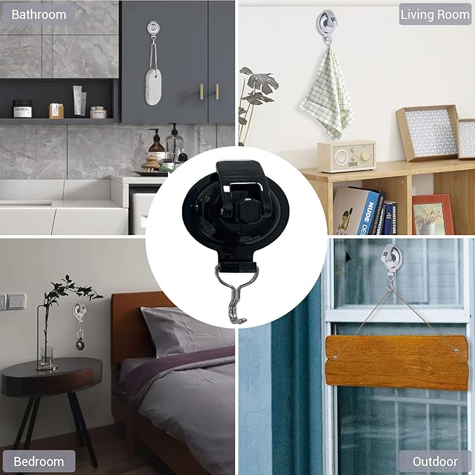 Heavy Duty Shower Hooks - Glass Suction Cup, Bathroom Robe Hooks (2 Pack, Round Black)