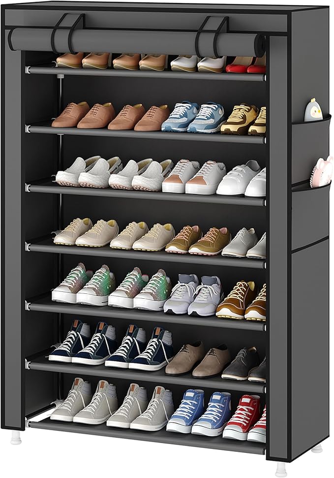 Laiensia 7-Tier Vertical Shoe Rack Organizer, Space Saving Shoe Storage Organizer, Non-Woven Cover Shoe Shelf Holds 28-35 Pairs for Bedroom, Hallway, Closet Entryway, Grey-NeatNest