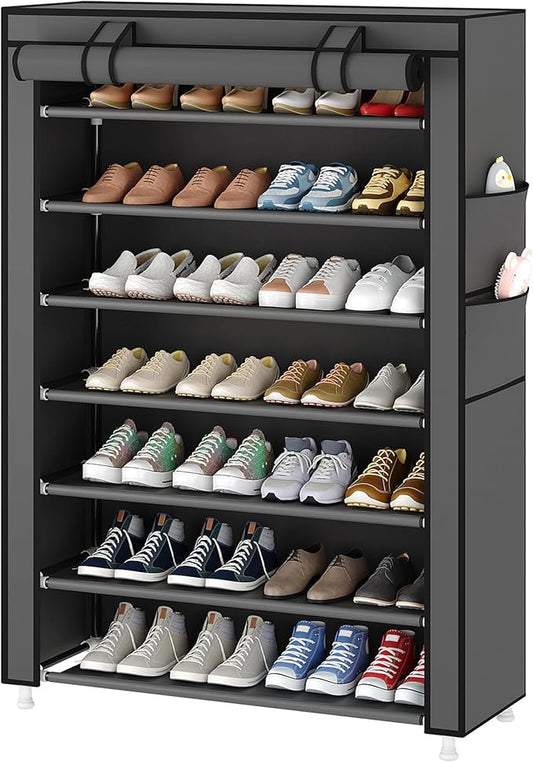 Laiensia 7-Tier Vertical Shoe Rack Organizer, Space Saving Shoe Storage Organizer, Non-Woven Cover Shoe Shelf Holds 28-35 Pairs for Bedroom, Hallway, Closet Entryway, Grey-NeatNest