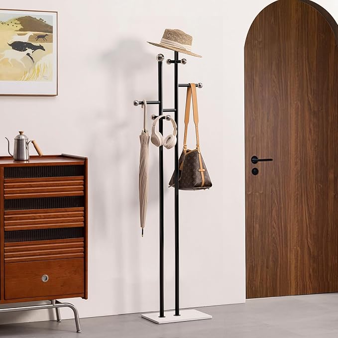 Coat Rack Freestanding with Marble Base Sturdy Coat Tree Heavy Duty Clothes Rack for Entryway Bedroom Living Room Hotel 14.96 x 10.24 x 68.9 Inches (Black)-NeatNest