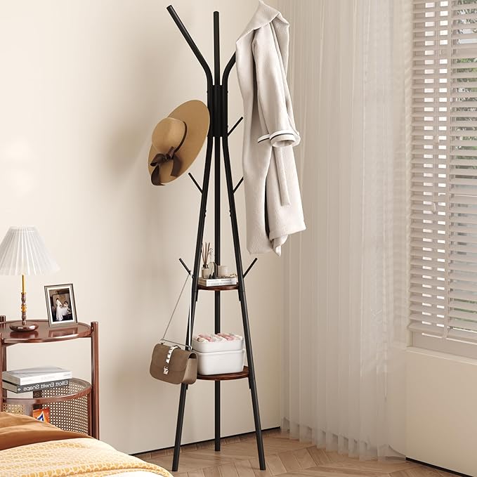 HOMEFORT Coat Rack, Coat Hanger Stand with 2 Shelves, Freestanding Hall Tree, Metal Hat Hanger with 12 Hooks for Clothes Hats and Scarves, Black and Rustic Brown,15.7" Wx15.7 Dx72.8H-NeatNest