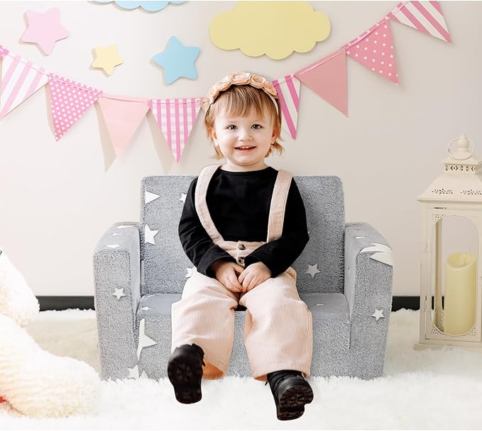 ALIMORDEN 2-in-1 Toddler Fold Out Couch, Comfy Convertible Sofa to Lounger, Glow-in-The-Dark Star Pattern Foam Seat for Little Ones with Removable Washable Cover-NeatNest