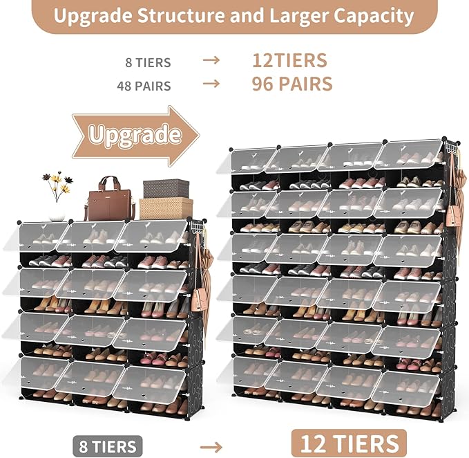 ROJASOP Shoe Storage Cabinet, 12-Tier Shoe Organizer 96 Pairs Extra Large Plastic Shoe Rack with Covers Portable Shoe Rack Organizer with Doors Big Shoe Rack for Closet Entryway Bedroom-NeatNest