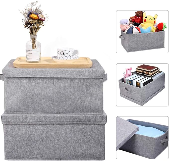 HOONEX Linen Foldable Storage Bins with Lids, 2 Pack, Storage Boxes with Carrying Handles and Sturdy Heavy Cardboard, 16.5" L x 11.8" W x 7.5" H for Shoes, Books, Clothes, Light Grey-NeatNest