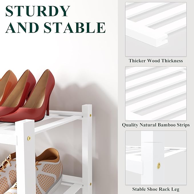 Smiry Bamboo Shoe Rack for Closet, 2 Tier Small Wooden Stackable Shoe Organizer, Free Standing Shoes Storage Shelf for Entryway, Front Door Entrance, White-NeatNest