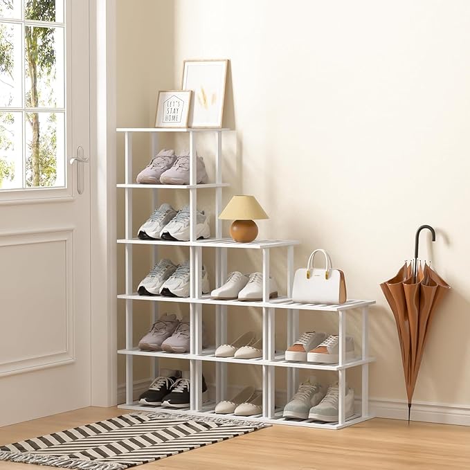 White Bamboo Shoe Rack - Vertical Shoe Rack for Small Spaces-NeatNest