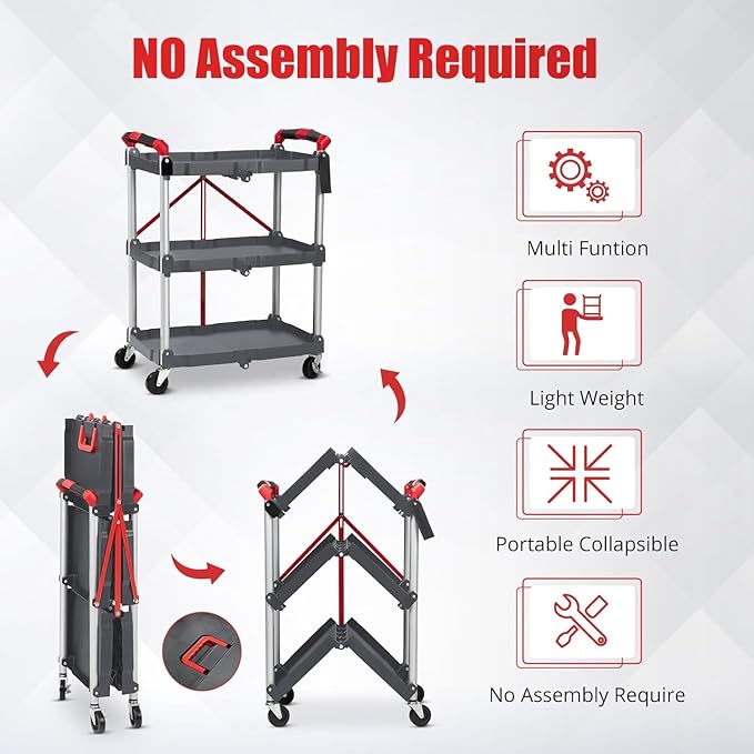 Folding Service Cart Collapsible 3 Tier Cart Portable Utility Service Cart with Wheels Aluminum Lightweight Push Cart for Office Warehouse, Home, Bar