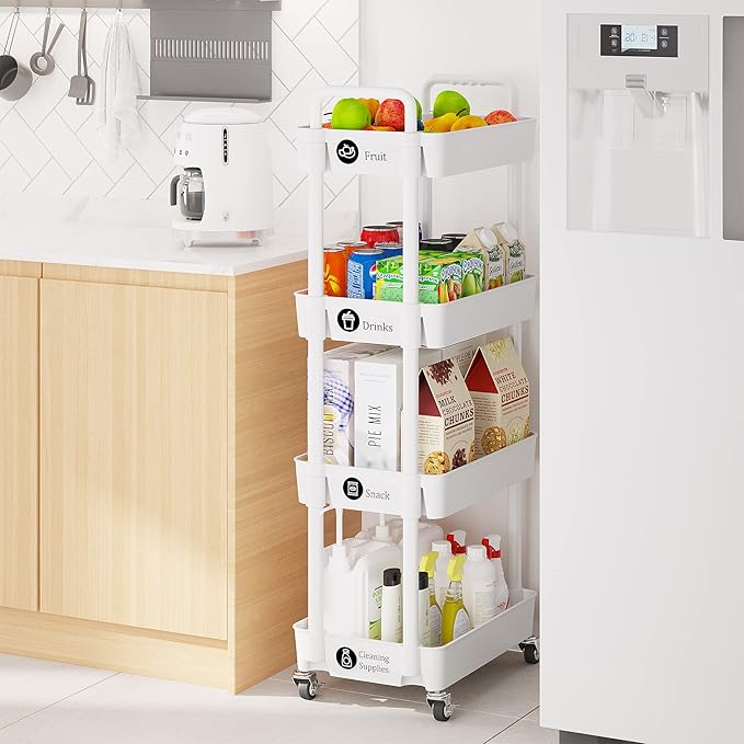 Laiensia 4-Tier Storage Cart,Multifunction Utility Rolling Cart Kitchen Storage Organizer,Mobile Shelving Unit Cart with Lockable Wheels for Bathroom,Laundry,Living Room,With Classified Stickers,White-NeatNest