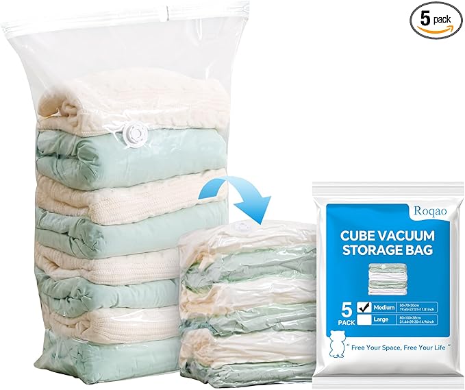 ‌Roqao 5 PACK Cube Vacuum Storage Bags, 19x27x11 Inch Vacuum Seal Bags for Clothing, Blankets, Bedding, Space Saver Vaccine Sealed Storage Bags, Seasonal Storage, Medium-NeatNest