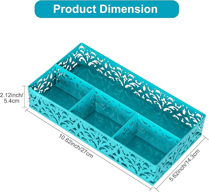 EasyPAG Desk Drawer Organizer with 4 Compartments, Carved Hollow Floral Metal Tray for Office, Jewelry, Cosmetics - No Assembly, Dark Teal-NeatNest