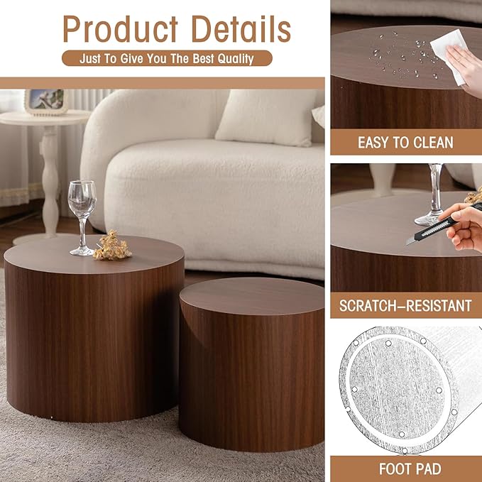 Round Nesting Coffee Table Set of 2 Walnut Round Drum Fluted Coffee Tables for Small Space Modern Stacking Nesting Tables Minimalist Circle Center Table 2 Piece for Living Room (Dark Wood)