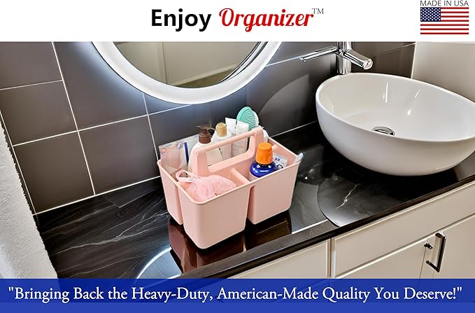 Shower Caddy Organizer with Handle, 3 Compartments, Portable Storage Bin for Bathroom, Dorm, Gym -Made In USA (Indie Pink)