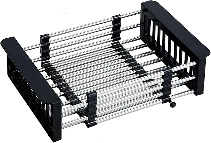 COVRA Over Sink Dish Drying Rack, Stainless Steel Drainer for 11"-19" Sinks, Kitchen Countertop Organizer for Dishes, Vegetables, and Fruits (Black)-NeatNest