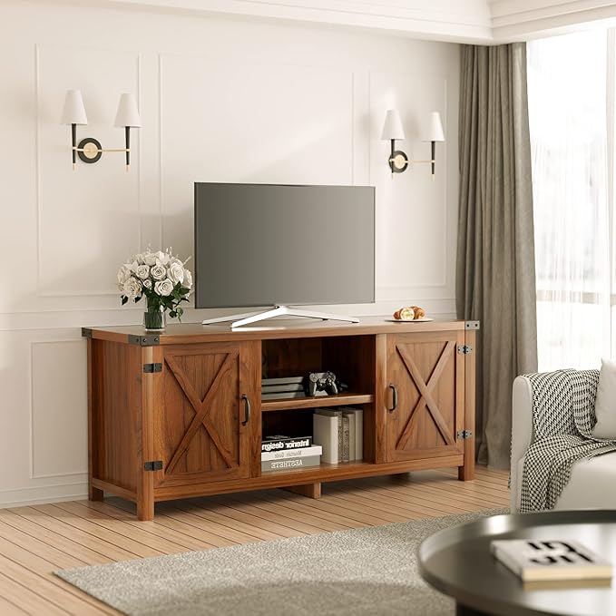 JUMMICO TV Stand, 65 Inch TV Farmhouse Entertainment Center with Double Barn Doors and Storage Cabinets, Console TV Table Media for Living Room, Bedroom (Walnut)-NeatNest