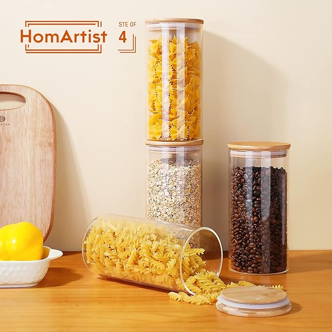 Glass Jars with Bamboo Lids 53 FL OZ [Set of 4], Glass Canisters with Airtight Lids, Glass Food Storage Containers for Pasta, Oats, Coffee, Flour, Sugar, Rice, Best for Kitchen & Pantry-NeatNest