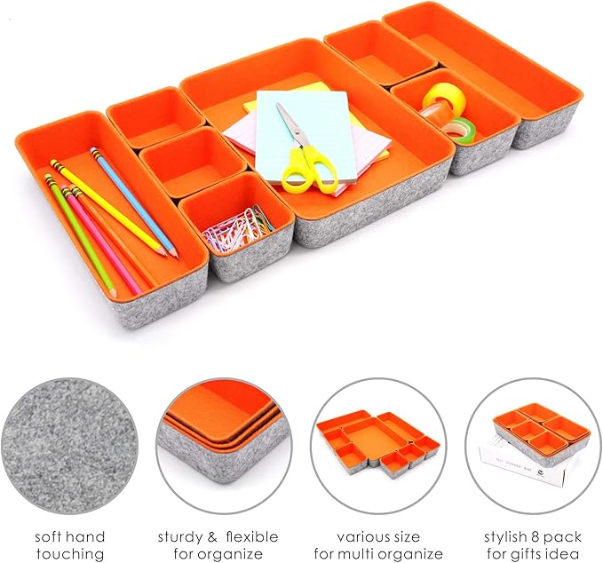 Welaxy desk drawer organizers bin trays dividers small shallow felt storage box soft sturdy office suppliers closet cabinet makeup crafts pens 8-piece back to school (Orange)-NeatNest