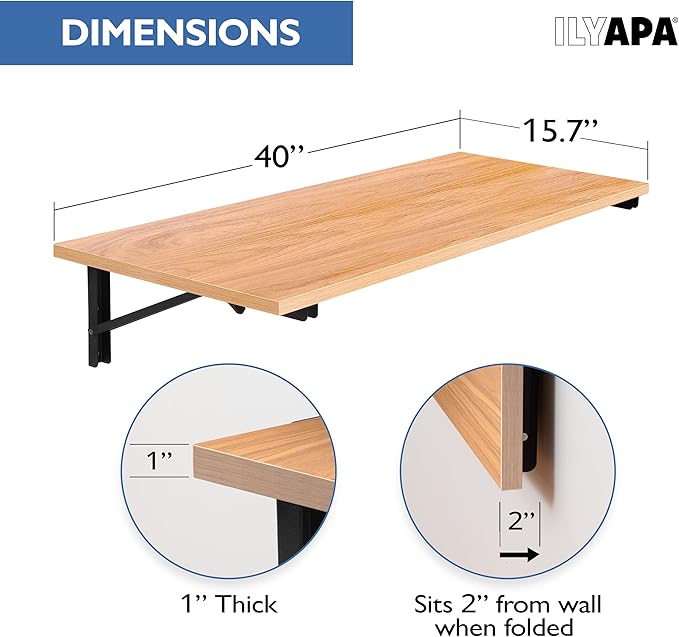 Iyapa Wall Mounted Folding Table - 16x40 Wood Floating Desk for Wall, Laundry Folding Table - 1.5 inch Fold Down Wall Desk for Small Spaces, White Oak