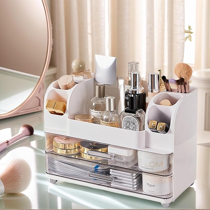 Makeup Organizer with 2 Drawers, Cosmetic Display Case, Storage Holder for Vanity, Bathroom Counter, Desk, Beauty Supplies (White)