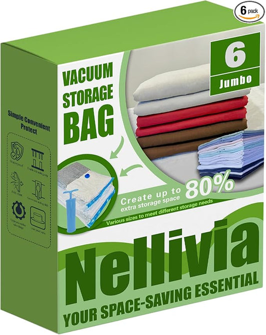 6 XL Jumbo Vacuum Storage Bags with Pump, Extra Large Compression Space Saver for Comforter, Duvet, Blanket, Bedding Storage, Vacuum Seal Bags for Clothing, Luggage Closet Organizer-NeatNest