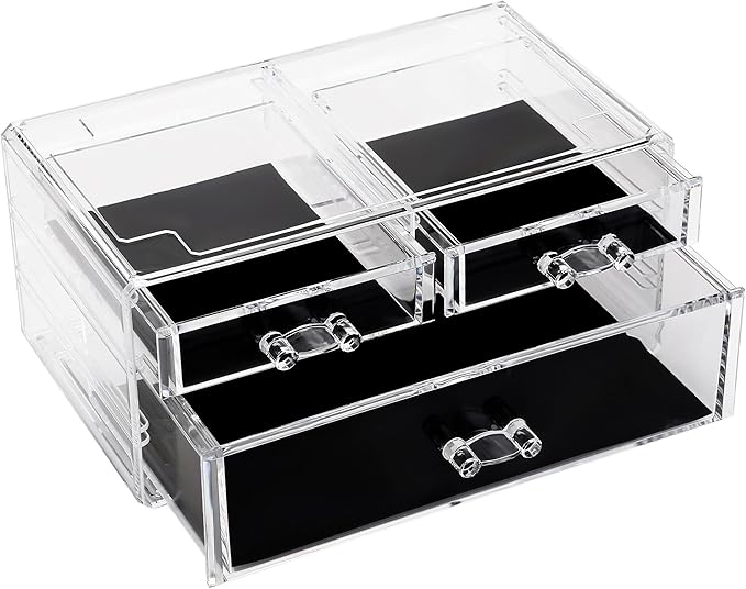 Sea Team Clear Makeup Organizer with Drawers, Acrylic Plastic Cosmetic Display Case, Jewelry Storage Box, Holder for Dresser, Bathroom, Vanity, Countertop (1 Large, 2 Small Drawers)-NeatNest