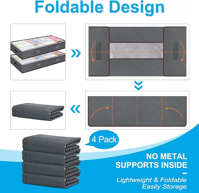 Budding Joy 90L Under Bed Storage Containers, Closet Organizers and Storage Bins, Foldable Underbed Storage Bags for Blanket, Clothing, Comforter, Sweaters, Pillows, Linen Sheets, Wrapping Paper, Grey-NeatNest