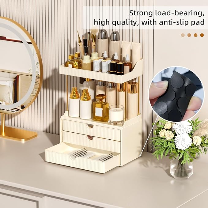 3 Drawers Bathroom Counter Organizer - 5 Tier Makeup Organizer, Versatile Perfume Organizer, Ideal for Bathroom Storage, Vanity, Large Skincare, Perfume, Present, Cream White-NeatNest