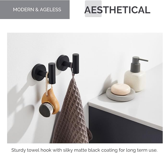 Angle Simple Matte Black Towel Hook 2 PCS, Stainless Steel Kitchen Bathroom Towel Holder, Round Coat Robe Hanger for Wall