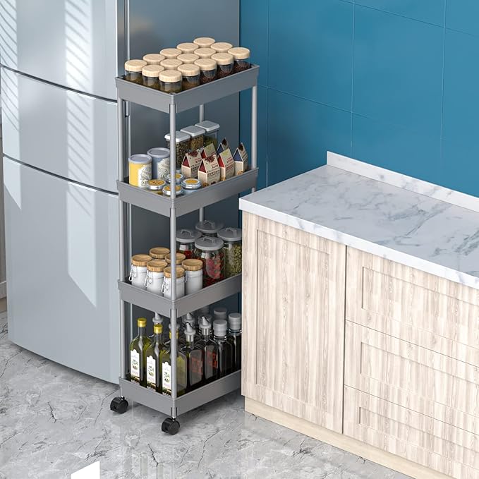 Sooyee 4 Tier Wide Storage Cart Mobile Shelving Unit Organizer Slide Out Storage Rolling Utility Cart Tower Rack for Kitchen Bathroom Laundry, Plastic & Stainless Steel,Grey