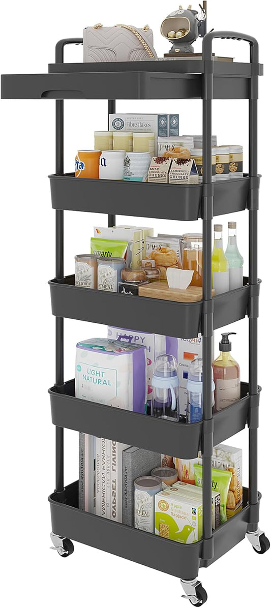 Calmootey 5-Tier Rolling Utility Cart with Drawer,Multifunctional Storage Organizer with Plastic Shelf & Metal Wheels,Storage Cart for Kitchen,Bathroom,Living Room,Office,Black-NeatNest