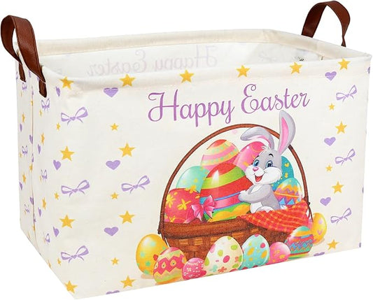 Easter Basket for Kid Large Empty Baby Rectangular Cute Easter Gift Storage Basket Bunny Eggs Décor (Rabbit Purple Bow Tie)-NeatNest