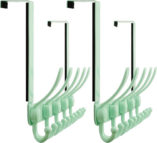 Dseap Over Door Hook 2.0 - Upgraded Version - Simple-Assembly, Strong, Heavy-Duty Stainless Steel 5-Tri-Hook Over The Door Hanger Rack, SimpleStrong Series, Green, Pack of 2