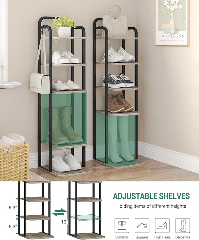 6 Tiers Vertical Shoe Rack, Narrow Shoe Tower, Tall Shoes Shelf with 2 Hooks, Adjustable Shelves, Corner Shoes Shelves for Small Spaces, Entryway, Living Room, Greige, SR04205B-NeatNest
