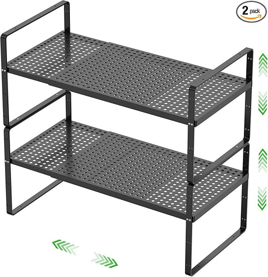 Expandable Cabinet Storage Shelf Stackable Organizer Rack for Kitchen Bathroom Pantry Spice Cupboard Coffee Countertop Home Office Desk Heavy Duty Nonslip Black Large 2 Packs-NeatNest