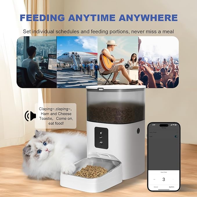 2.4G WiFi Automatic Cat Feeder, 4L Food Dispenser with 10s Voice Recorder, Pet Feeder up to 10 Meals per Day, Timed Cat Feeder with Dry Food Sealed Ring (White, 4L-WiFi)-NeatNest