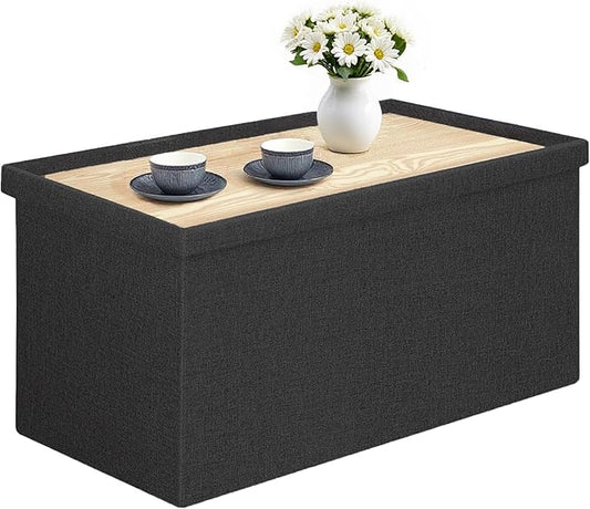 30 Inch Folding Storage Ottoman with Reversible Lid Coffee Table, Linen Fabric Multi-Functional Foot Rest & Seat for Living Room, Bedroom-Black