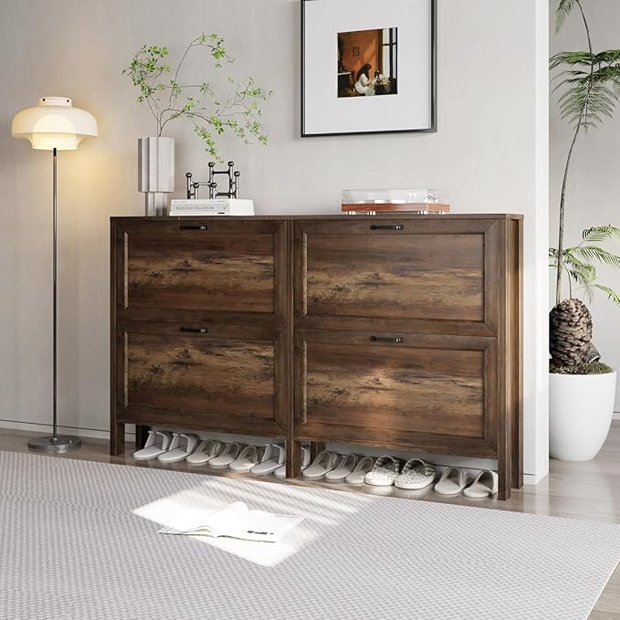 Shoe Cabinet with 4 Flip Drawers, Narrow Shoe Storage Cabinet, Freestanding Shoe Cabinet Organizer, Hidden Shoe Rack Cabinet for Entryway, Hallway (4-Drawers, Brown/4-drawers)-NeatNest