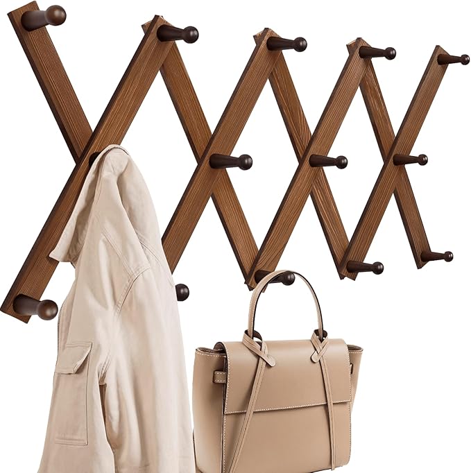 Homode Accordion Wall Hanger, Hat Rack for Wall, Wood Expandable Coat Rack, Vintage Accordian Peg Hooks Purse Organizer for Hanging Baseball Caps, Coffee Mug, Hats, Clothes, Backpack, Towel-NeatNest