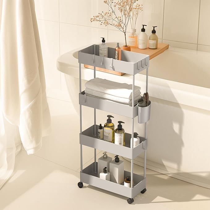 Pipishell Slim Storage Cart with Wheels, 4 Tier Bathroom Storage Organizer Rolling Utility Cart for Bathroom Kitchen Laundry Room Office Narrow Place (Gray)-NeatNest
