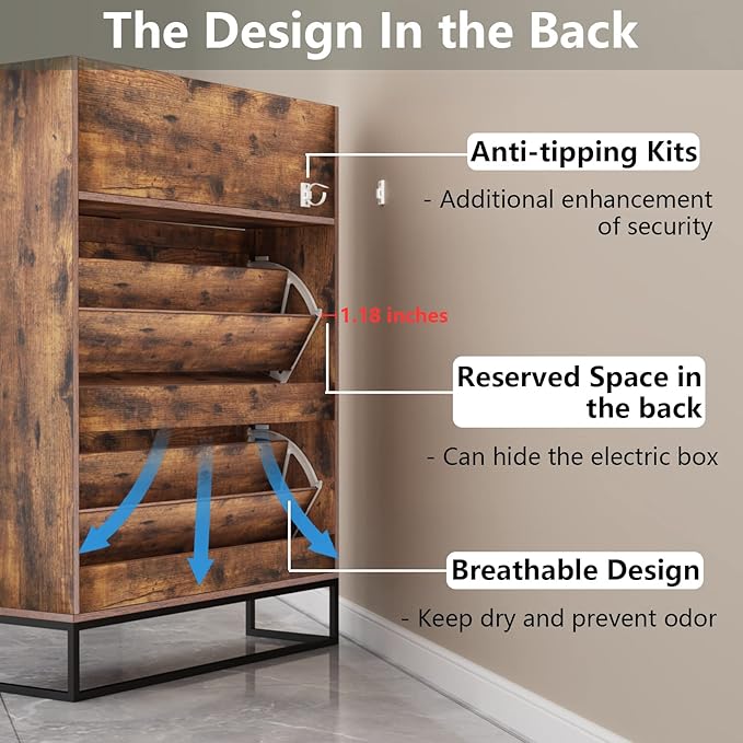 Shoe Cabinet, Freestanding Tipping Bucket Shoe Storage Cabinet with 2 Flip Drawers, Entryway Shoe Rack with Storage Top Cubby, Narrow Slim Hidden Shoe Organizer with Doors (Brown)-NeatNest