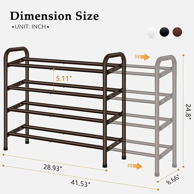 4 Tier Shoe Rack for Closet,Shoe Organizer, 28“ Metal Shelf Can Expandable to 42“, for Bedroom, Entryway, Living Room, Garage, Adjustable to 24 Pairs Shoes, Rustic Brown-NeatNest