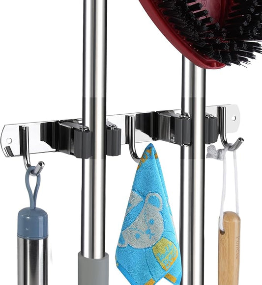 voze 2 Racks and 3 Hooks Mop and Broom Holder Wall Mount, Self Adhesive Heavy Duty Broom Organizer Storage Tool Racks for Kitchen Garden Laundry Garage-NeatNest