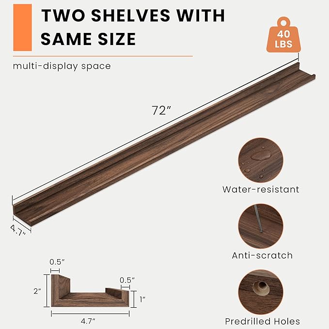 Heimlove Picture Ledge Shelf, Floating Shelves Set of 2, 72 Inches Long Large Picture Shelf for Wall with Ledge, Kids Bookshelf Wall Mounted for Living Room Bedroom Decor Books Photo Frames, Walnut-NeatNest