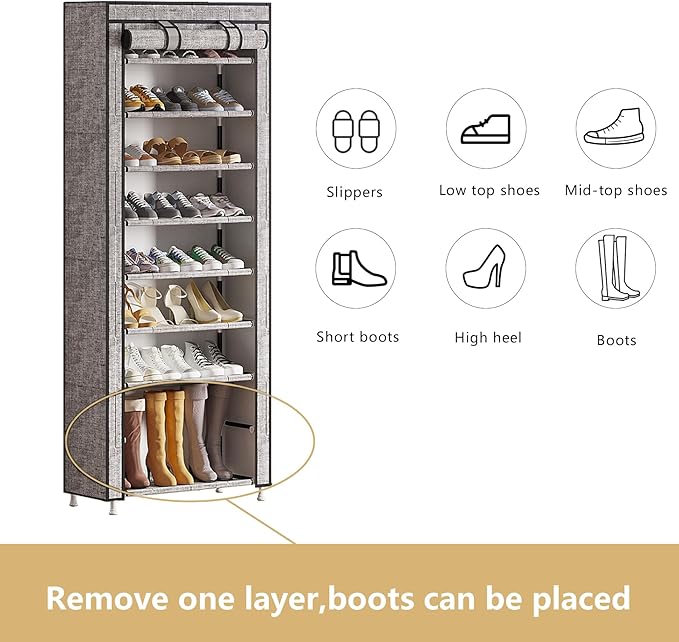 Calmootey 9 Tier Shoe Rack Organizer,Portable Shoe Shelf with Nonwoven Fabric Cover for Closet Hallway,Bedroom,Entryway, Ash Grey-NeatNest