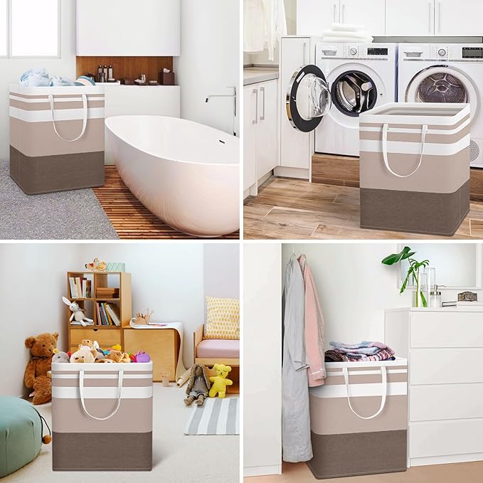 HomeHacks 2-Pack Large Laundry Basket, Waterproof, Freestanding Laundry Hamper, Collapsible Tall Clothes Hamper with Extended Handles for Clothes Toys in the Dorm and Family (Brown, 100L)-NeatNest