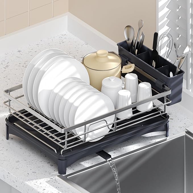Stainless Steel Kitchen Counter Dish Drying Rack with Drainer and Cutlery Holder, 16.5" D x 11.8" W x 6.29" H