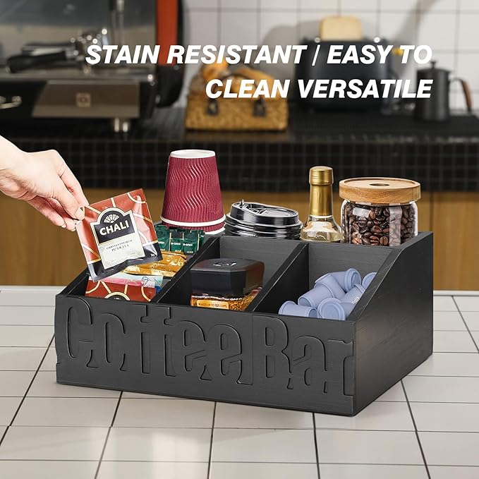 Coffee Bar Organizer for Accessories, Wood Station for Countertop, Farmhouse Pod Syrup Holder, Condiment Organizer for Decor (Black)-NeatNest