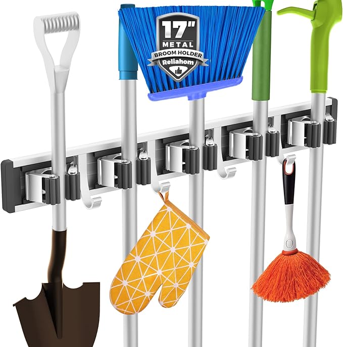 Broom Holder Wall Mount Mop and Broom Hanger Wall Mounted Garage Storage Rack Kitchen Garden Tool Organizer (5 Racks with 4 Hooks, Black)-NeatNest