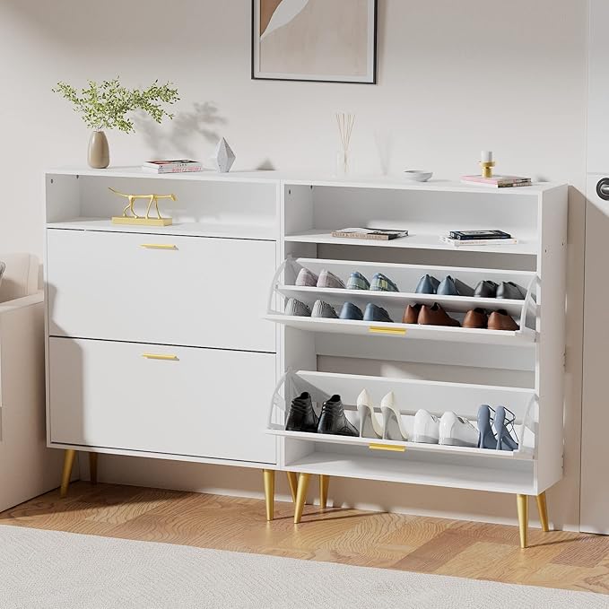 JOZZBY Shoe Cabinet for Entryway, White Narrow Shoe Storage Cabinet with 2 Flip Drawers, Freestanding Hidden Shoe Rack Storage with Open Shelves for Hallway, Living Room-NeatNest