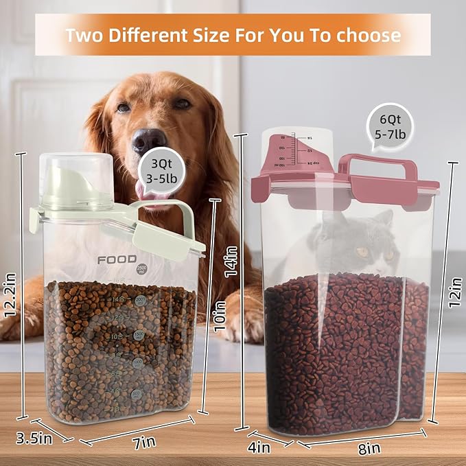 5-7LBS Airtight Dog Cat Food Storage Container with Pet stacking bowls, Upgraded Large Nozzle Clear Plastic Pet Storage Bin BPA-Free for Cats, Dogs, Birds, Chickens, Fishs-6Qt (Rose Pink 5L-1pack)-NeatNest